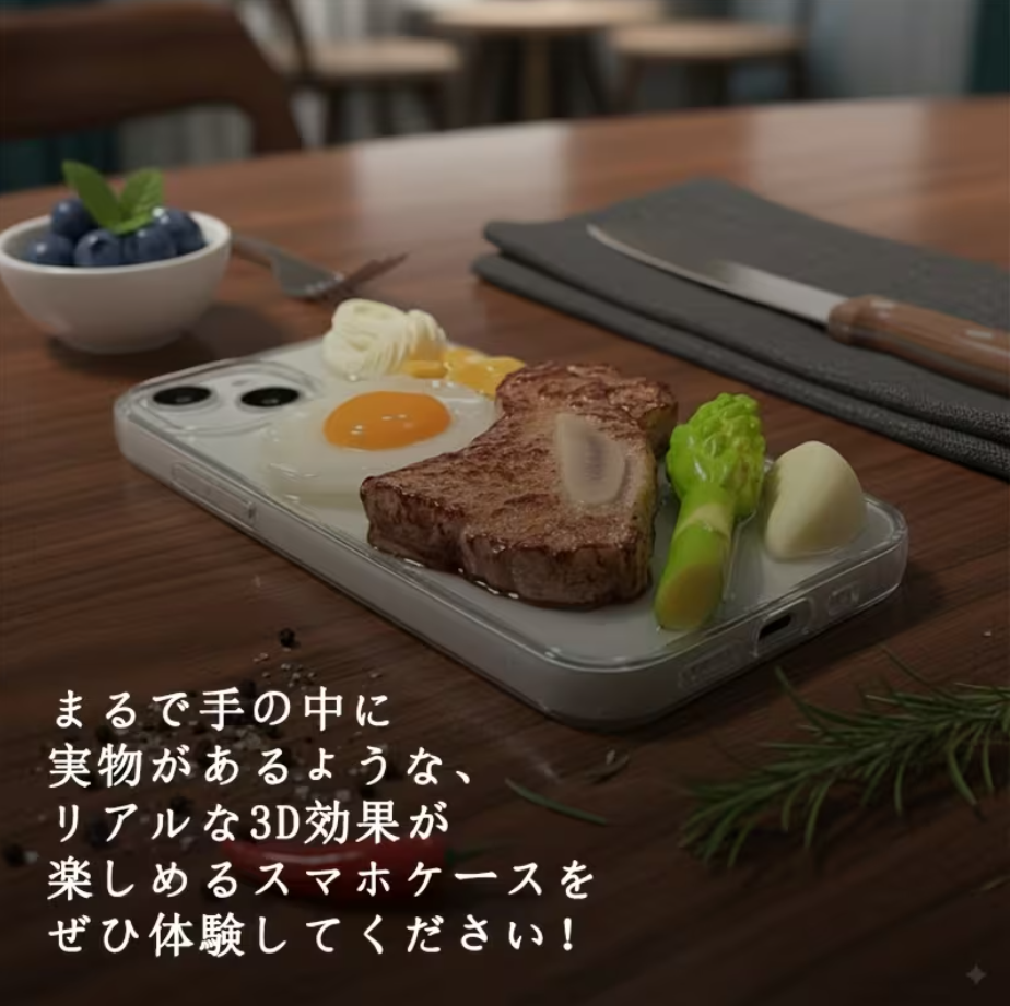 0013.3Dステーキセットスマホケース｜リアルな3Dソフトケース｜クリエイティブで楽しくて可愛いフードデザイン｜不規則な形状｜リアルな仕上がり｜フード｜朝食スタイル｜可愛いモデルの質感｜ハロウィンいたずらギフト｜iPhone 13/14/15/16/17 Pro/Pro Max対応